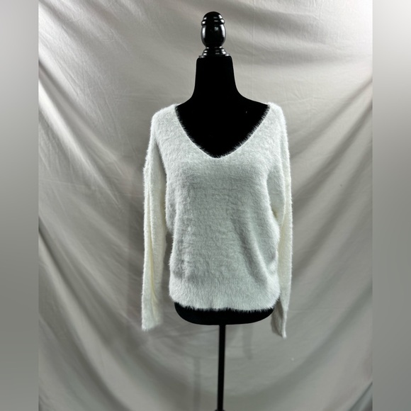 White Drop Shoulder Fuzzy Sweater - Picture 7 of 10